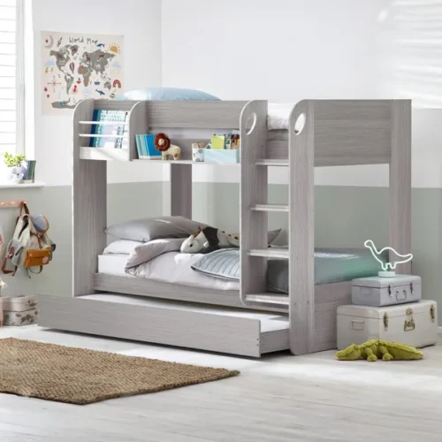 Modern Grey Bunk Bed with Pull-Out Trundle